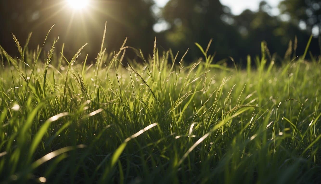 A lush field of tall fescue grass bathed in dappled sunlight, contrasting with patches of shade