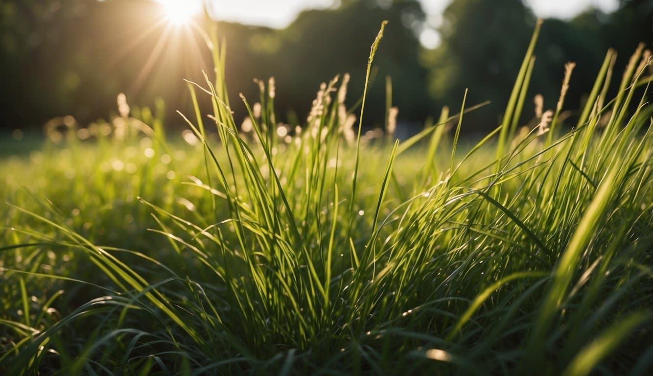 Scott's sun and shade grass grows thick and lush, while tall fescue appears sparse and patchy. The contrast is evident in the vibrant green of Scott's grass compared to the duller, uneven growth of the tall fescue