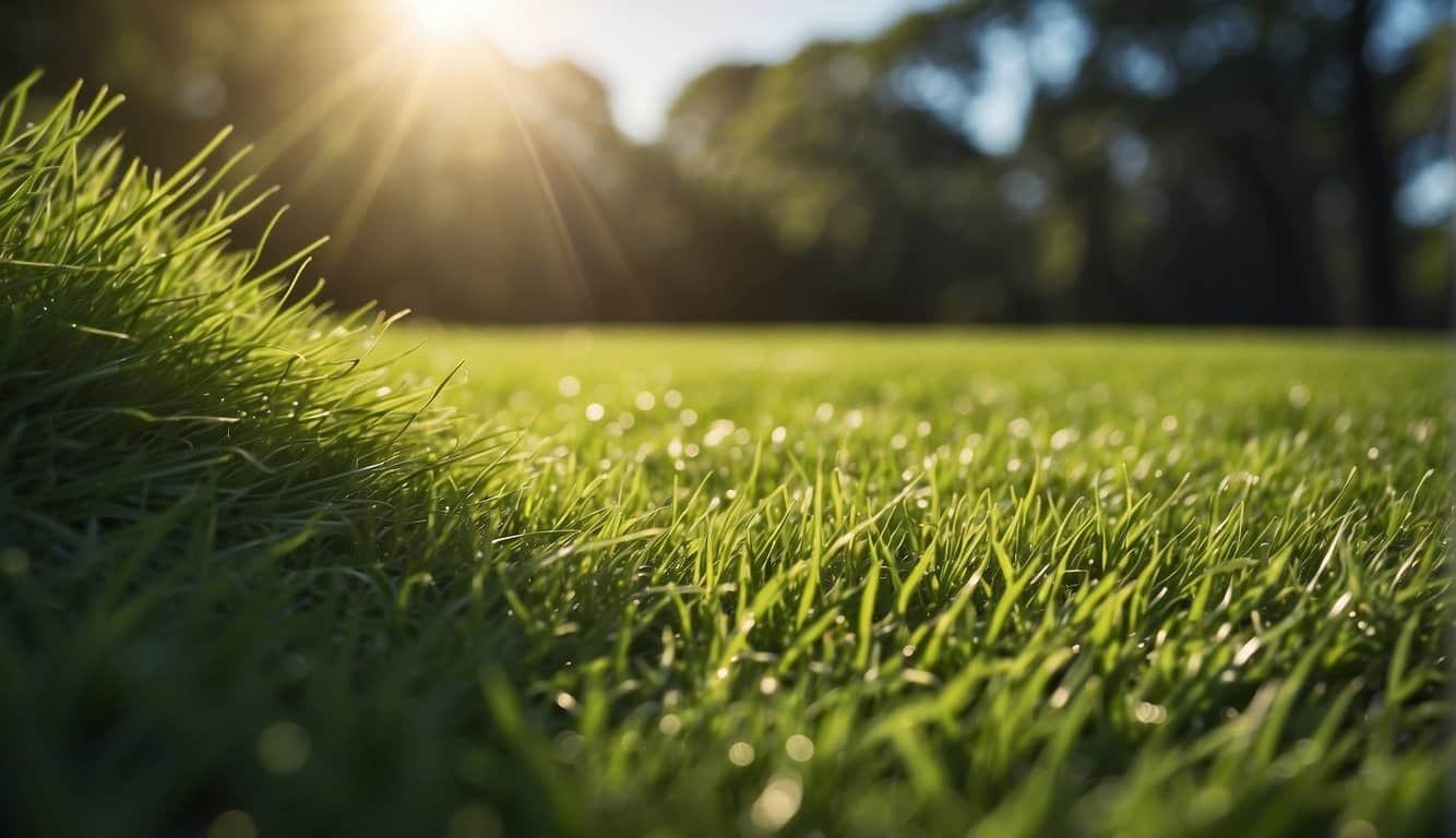 A lush green lawn divided into two sections, one receiving direct sunlight and the other in shade. Each section is labeled "Scotts Sun and Shade" and "Tall Fescue" respectively