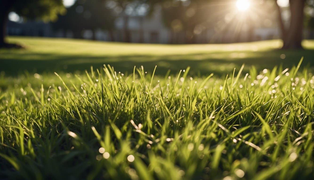 A lush green lawn with patches of sunlight and shade, showcasing the contrast between Scotts Sun and Shade grass and tall fescue