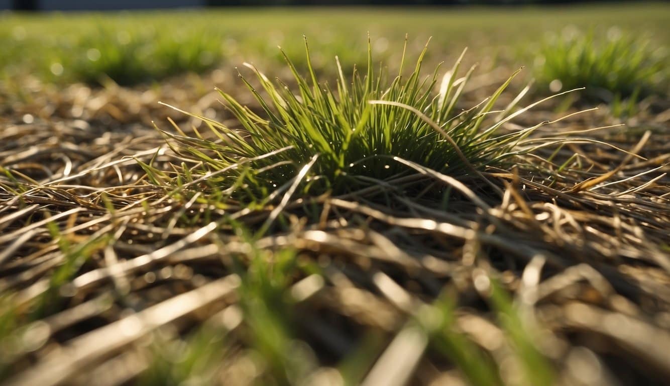 St. Augustine grass wilting, turning straw-like. Brown patches spread across the lawn. Need for restoration evident