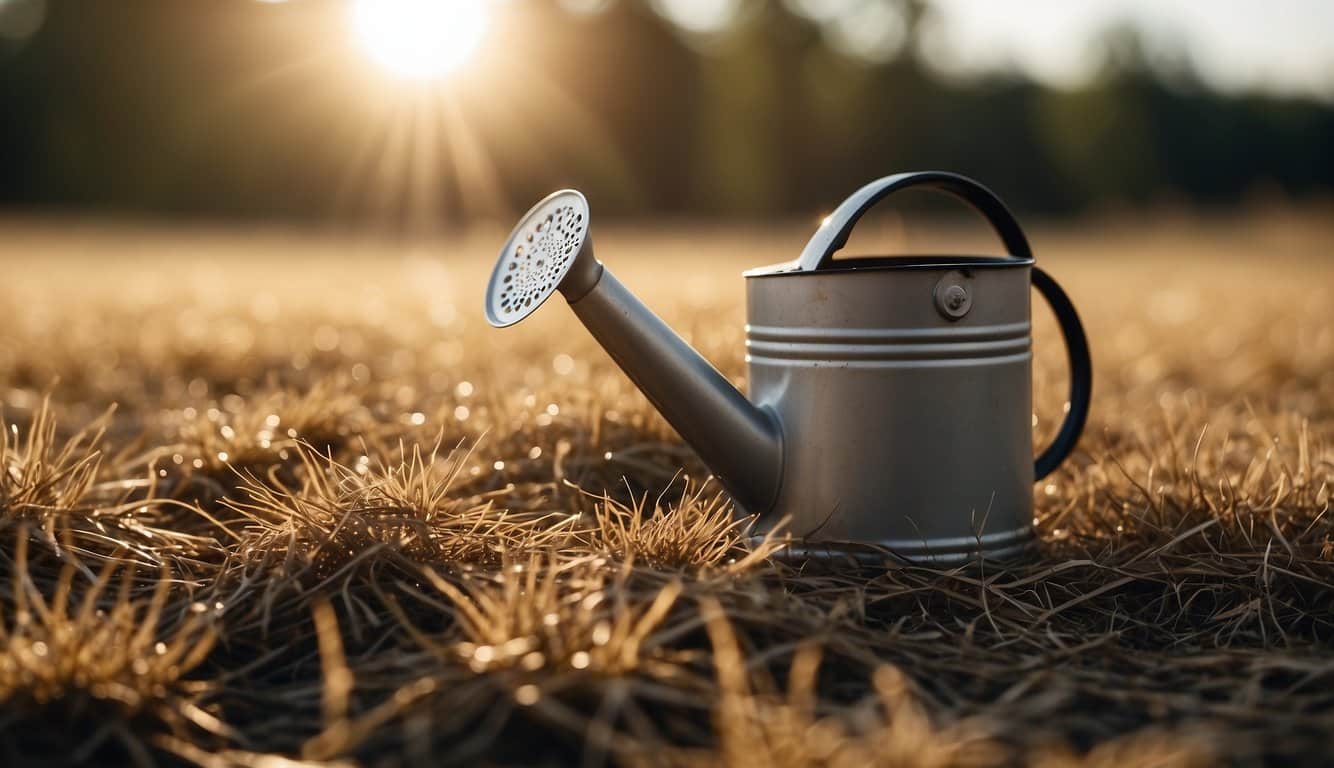 The sun beats down on a patch of brown, scorched grass. Nearby, a hose and watering can sit ready for use