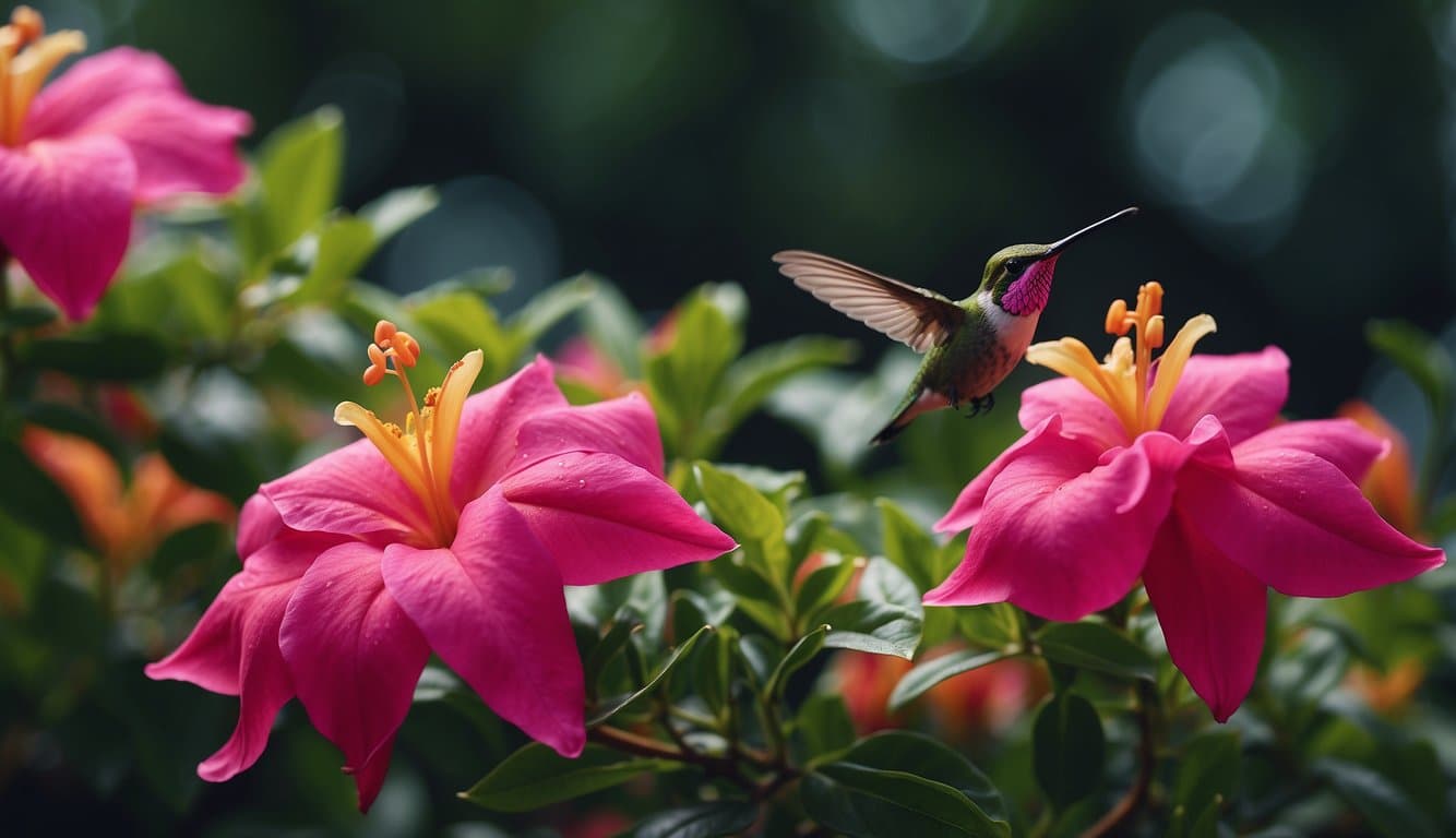 A vibrant dipladenia plant with bright pink flowers attracts a hovering hummingbird