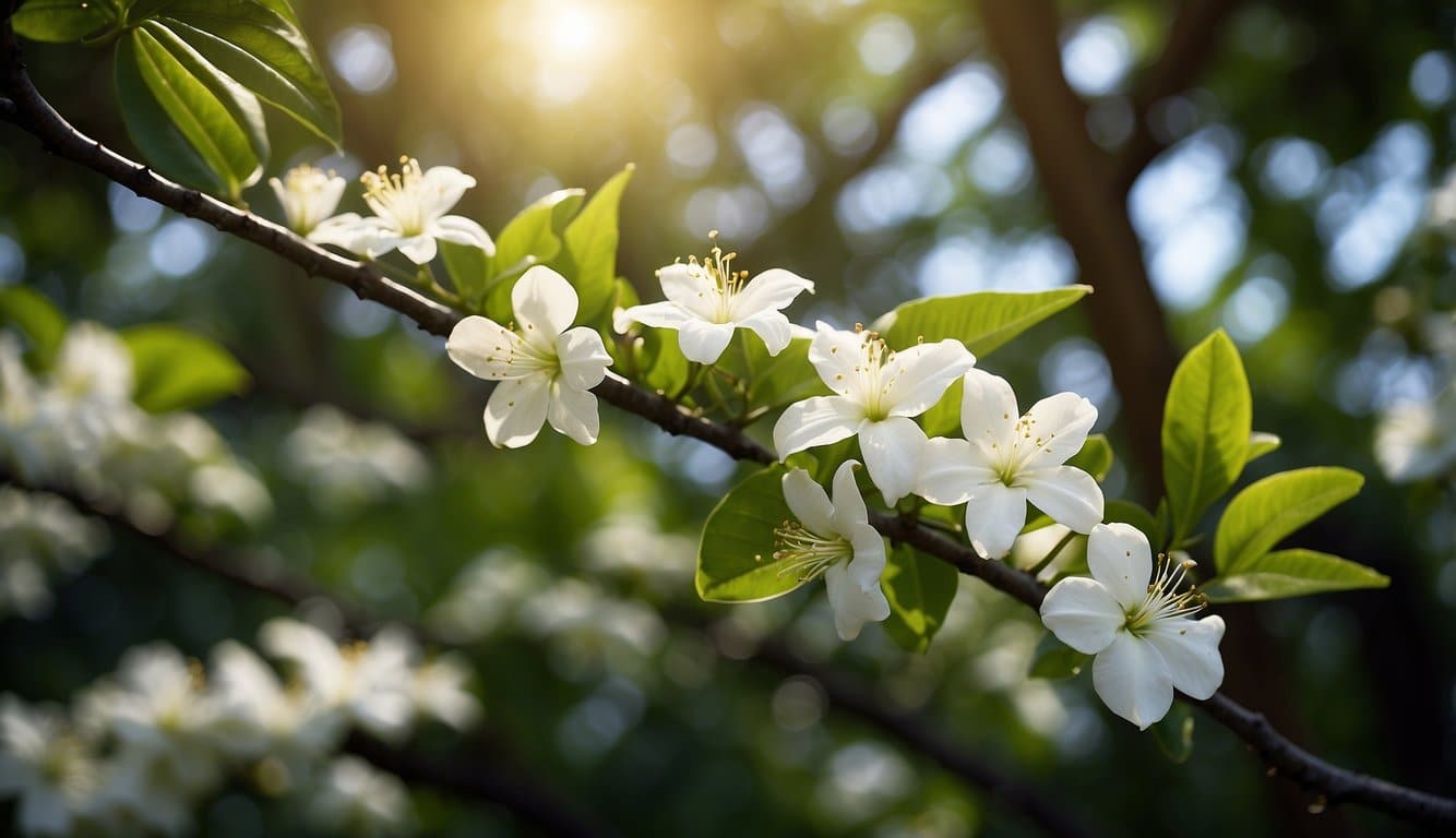 Lush Hawaii trees with white flowers in full bloom