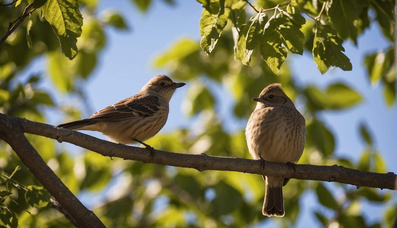 Birds of Idaho perched on tree branches, surrounded by lush greenery and clear blue skies. Conservation signs and bird feeders are visible in the background