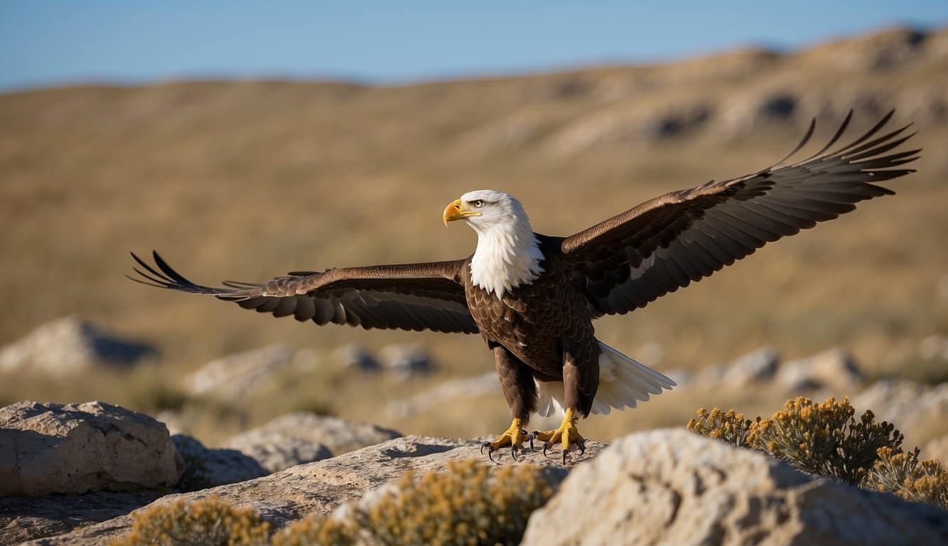 Birds of Wyoming fly over the vast prairie, perching on rugged cliffs and soaring through clear blue skies. They range from majestic eagles to colorful songbirds, filling the air with their diverse calls