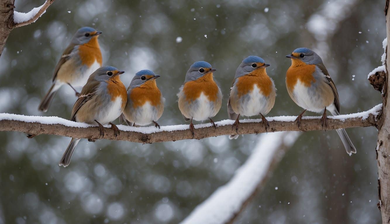 A flock of common bird species, including robins, sparrows, and blue jays, perched on tree branches in a Wyoming forest