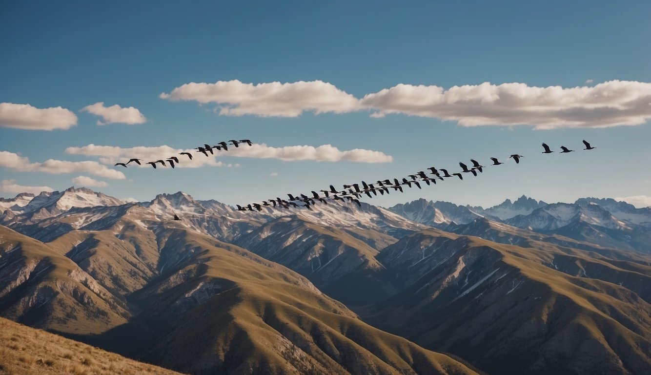 Flocks of birds soar over the Wyoming landscape, moving in a V formation. The sky is filled with their graceful and synchronized flight, creating a mesmerizing pattern against the backdrop of the mountains
