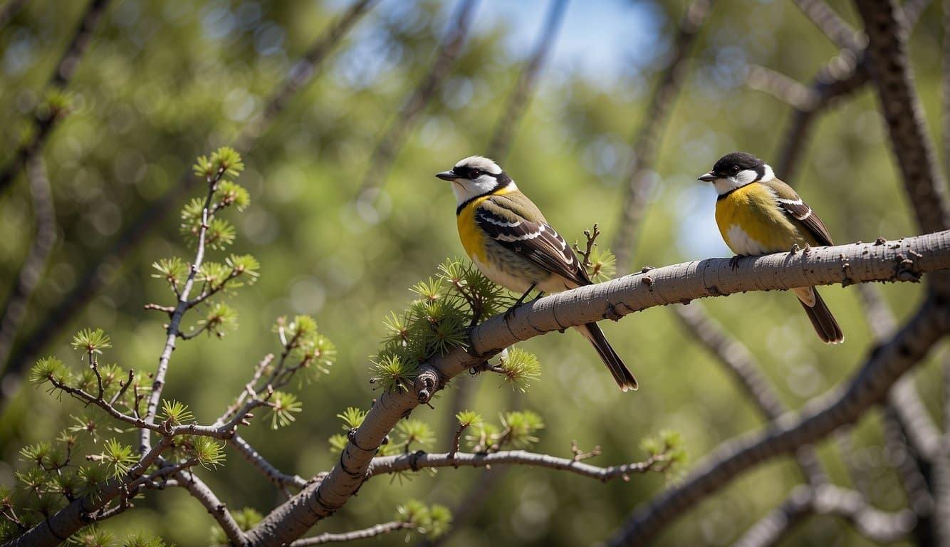 Birds of Wyoming perched on tree branches, surrounded by diverse flora, with conservation signs and bird feeders nearby