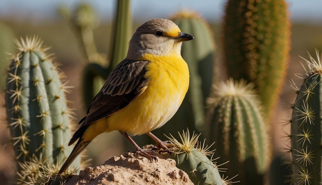 A yellow-bellied bird perched on a cactus in the Texas desert