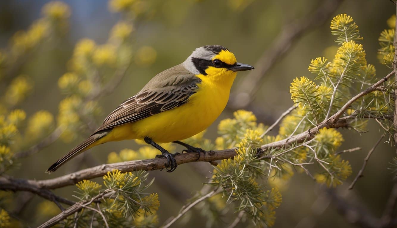 A vibrant yellow-bellied bird perched on a mesquite branch in the Texas scrubland, with its distinctive plumage and beak