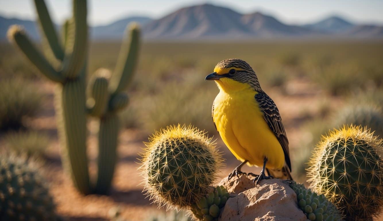 A yellow-bellied bird perched on a cactus in the arid landscape of Texas, with desert plants and rocky terrain in the background