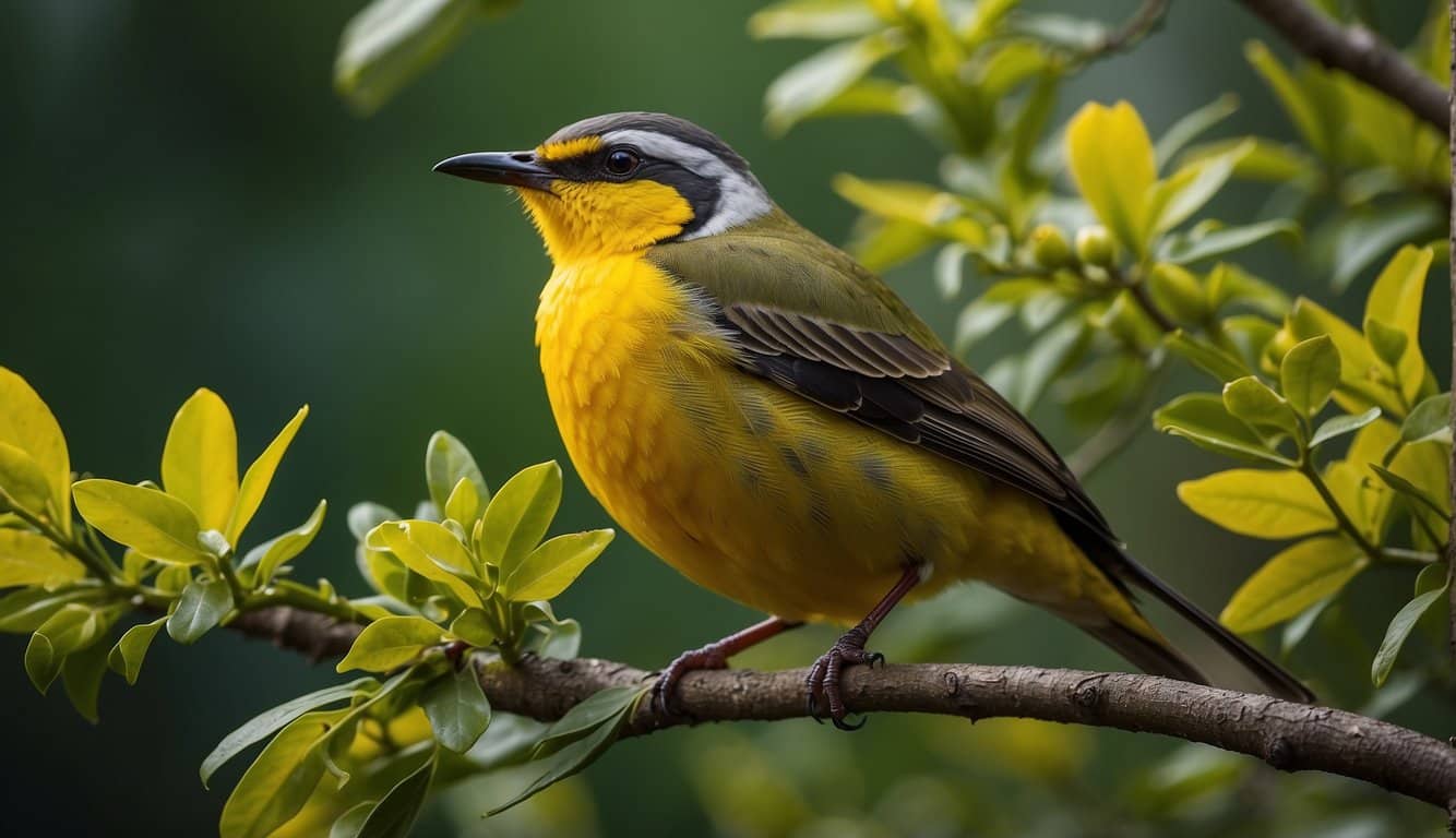 The yellow-bellied bird in Texas perches on a branch, pecking at insects and seeds with its sharp beak. Its vibrant yellow belly stands out against the green foliage