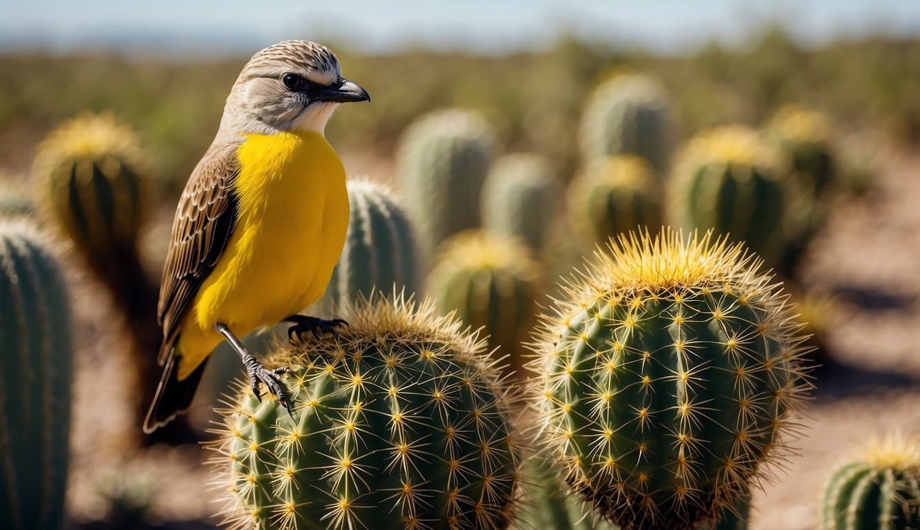 A yellow-bellied bird perched on a cactus in the Texas desert