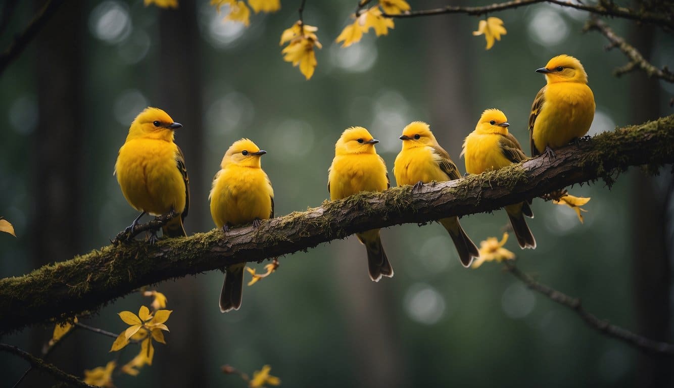 A group of yellow birds perched on tree branches in an Ohio forest