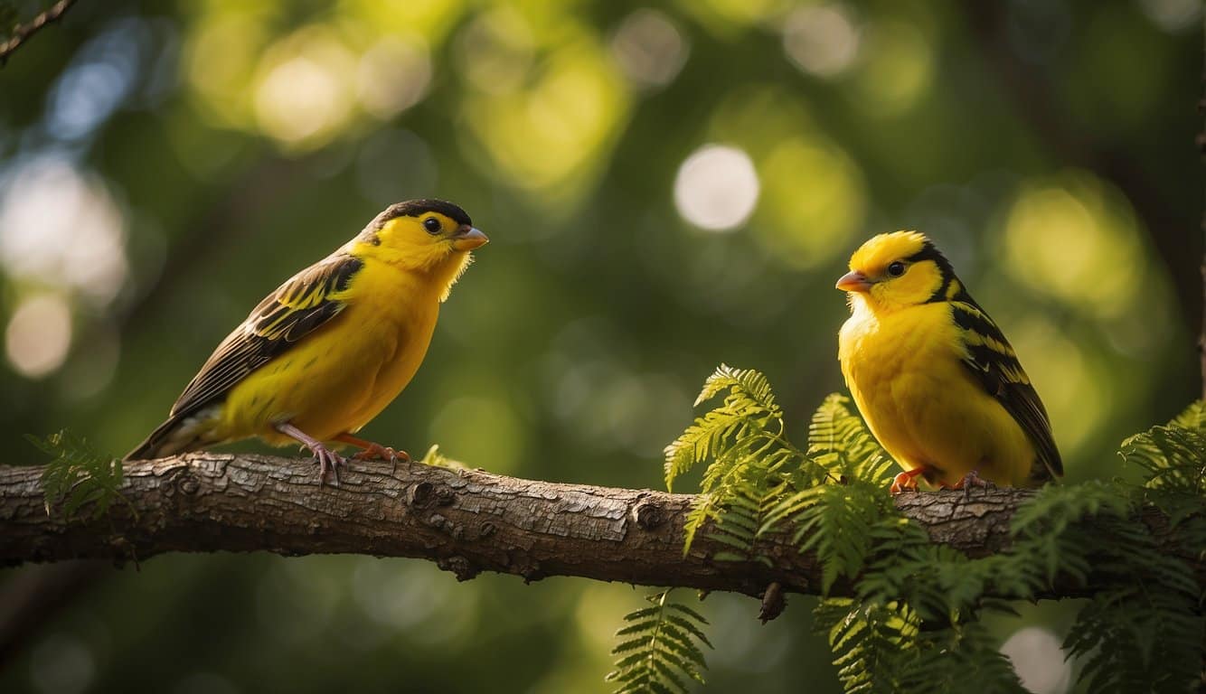 Yellow birds perch on Ohio trees, amidst lush greenery. Some flutter about, while others build nests. The sun casts a warm glow on their vibrant feathers
