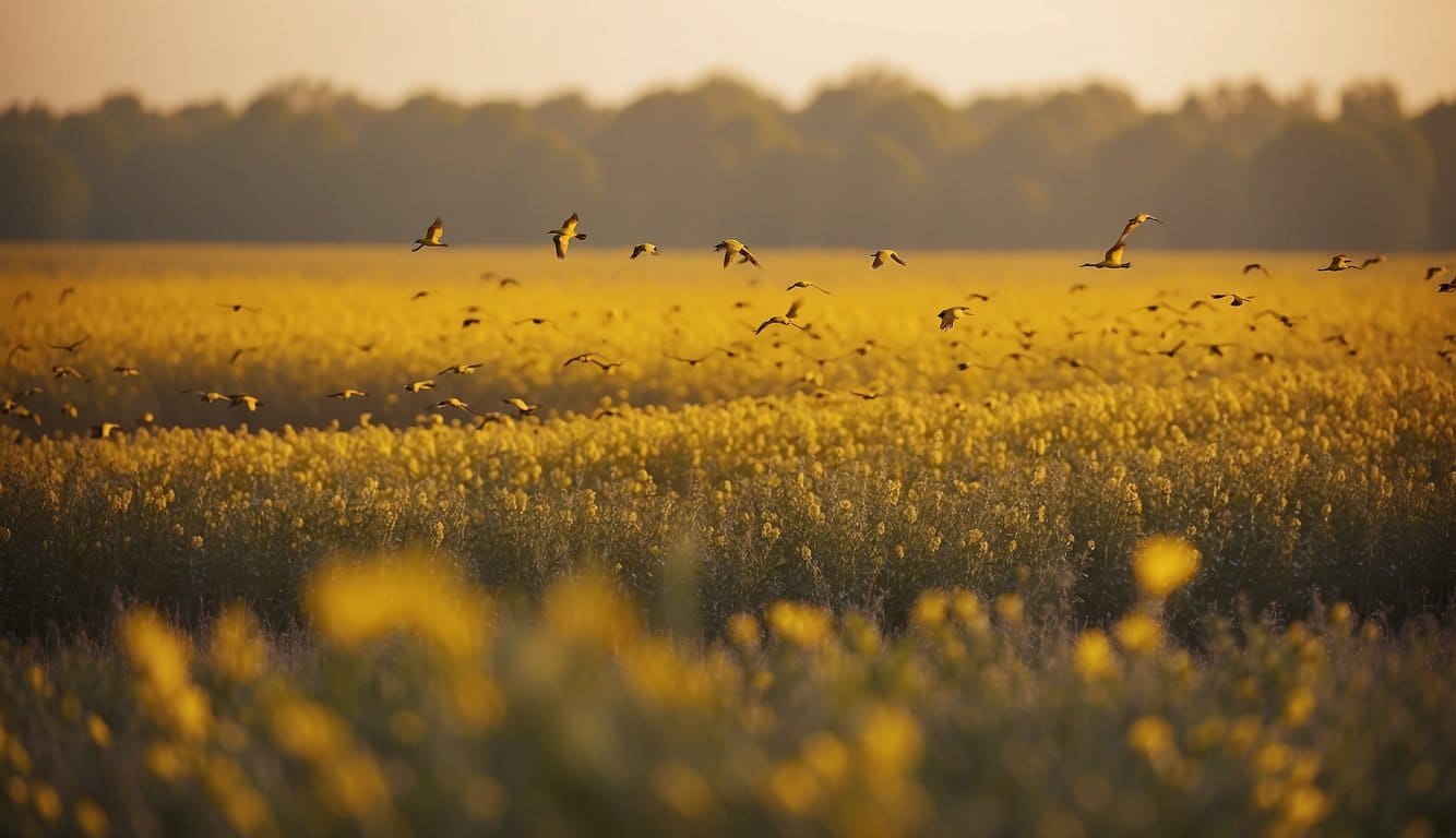 Yellow birds flocking over Ohio fields, migrating in a V-shape pattern