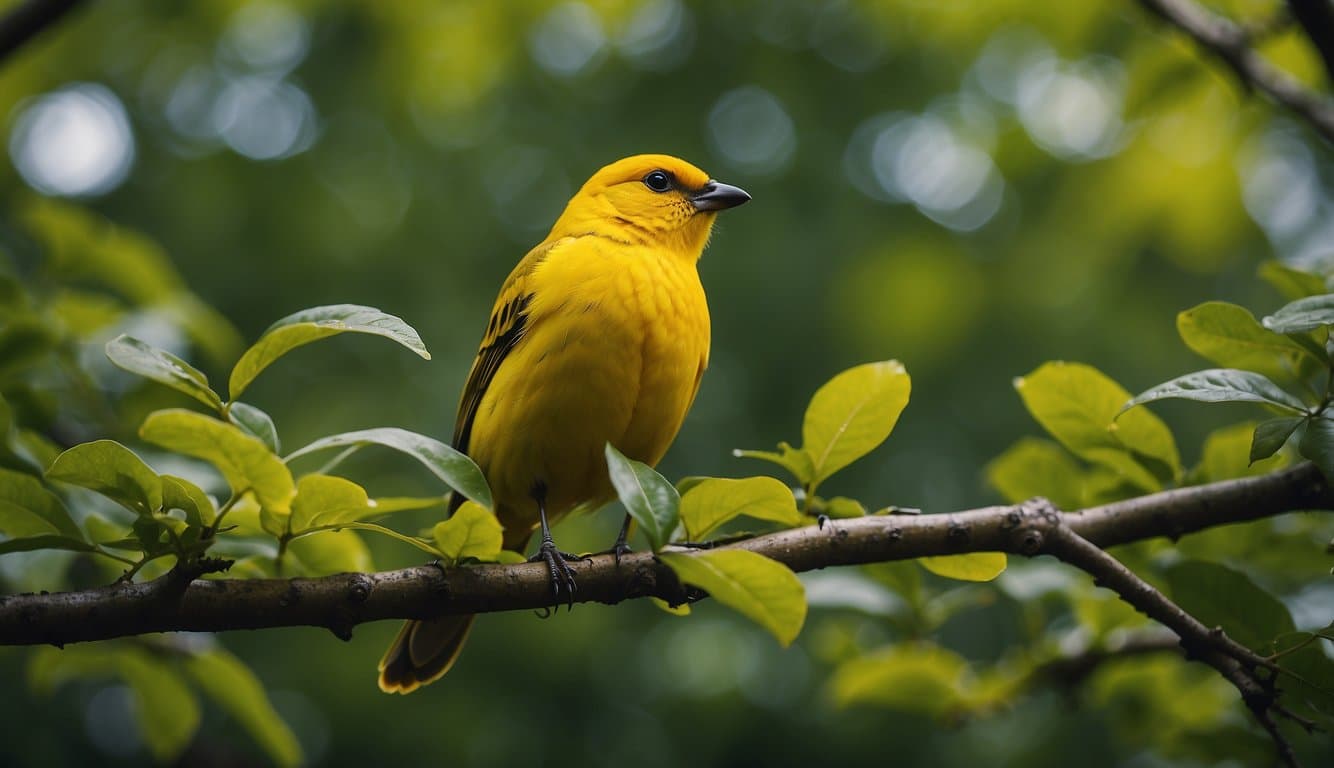 A vibrant yellow bird perched on a leafy branch in an Ohio forest, surrounded by lush green foliage