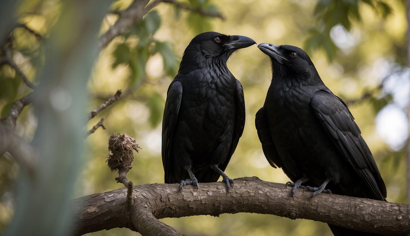 A crow perched in a tree, eyeing a smaller bird nearby. The smaller bird looks wary, while the crow appears focused and ready to strike