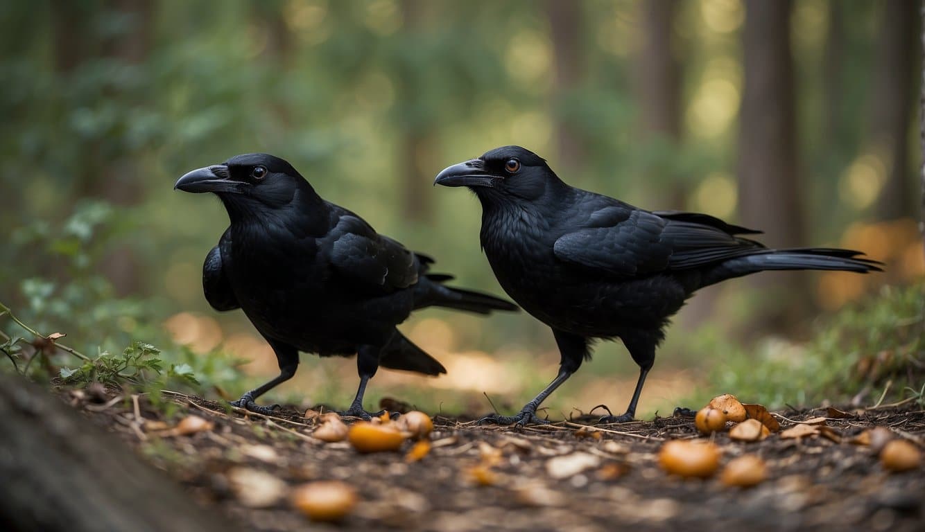 Crows hunting and consuming smaller birds in a wooded area
