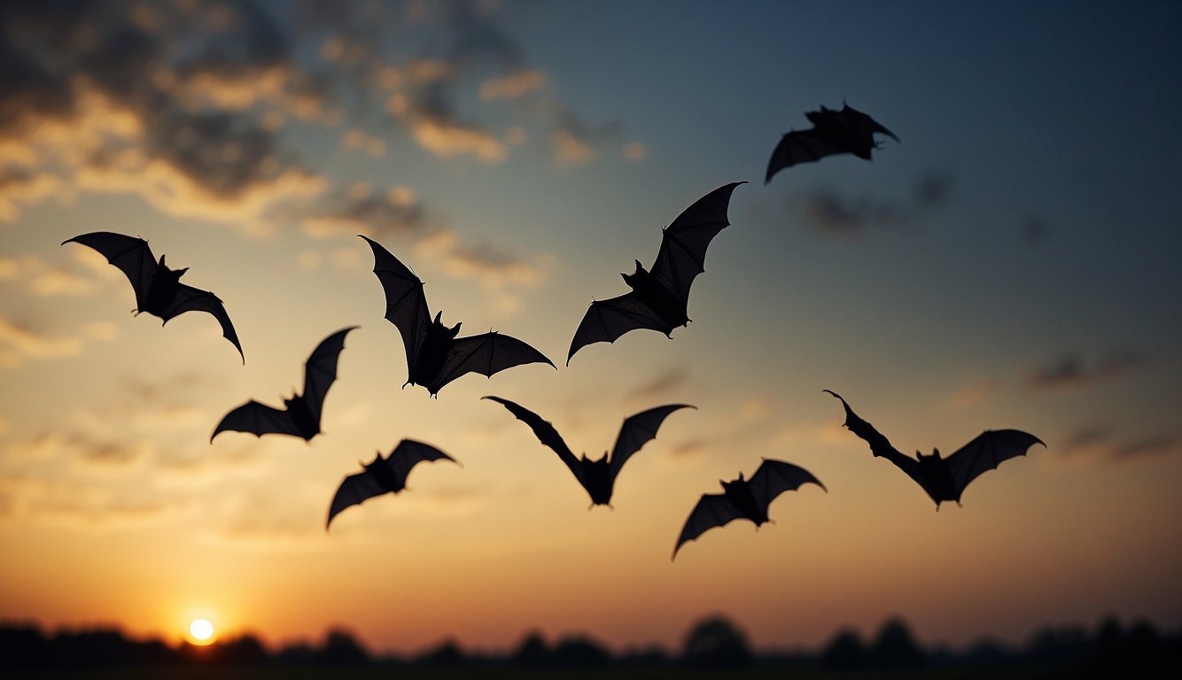 A group of bats flying at dusk, their furry bodies silhouetted against the darkening sky