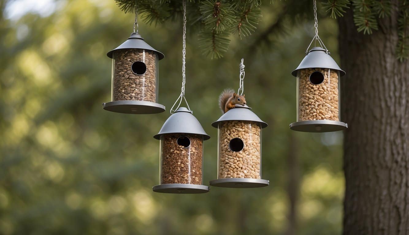 Several bird feeders hang from a tree, designed to be squirrel-proof. A mischievous squirrel attempts to access the feeders but is thwarted by the clever design