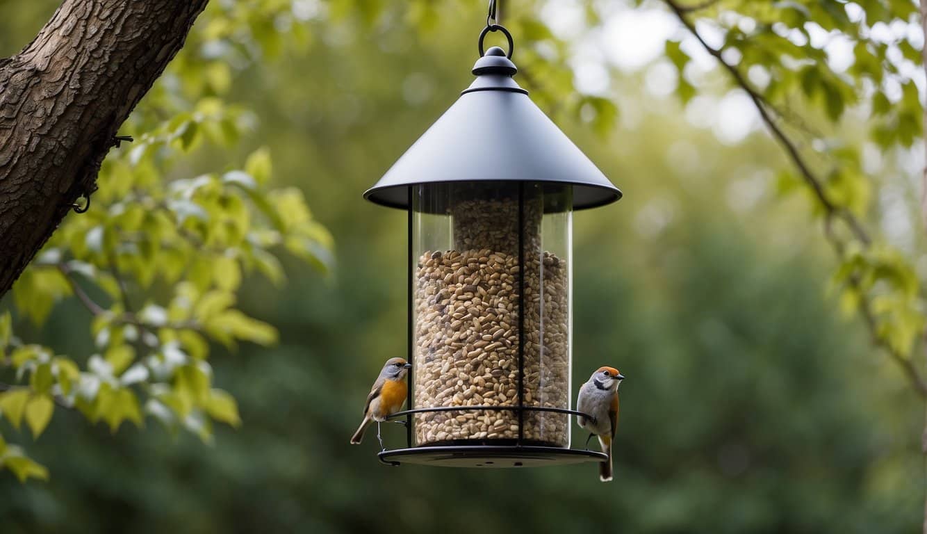 A sturdy metal bird feeder hangs from a tree, surrounded by a durable plastic dome to prevent squirrels from accessing the seeds
