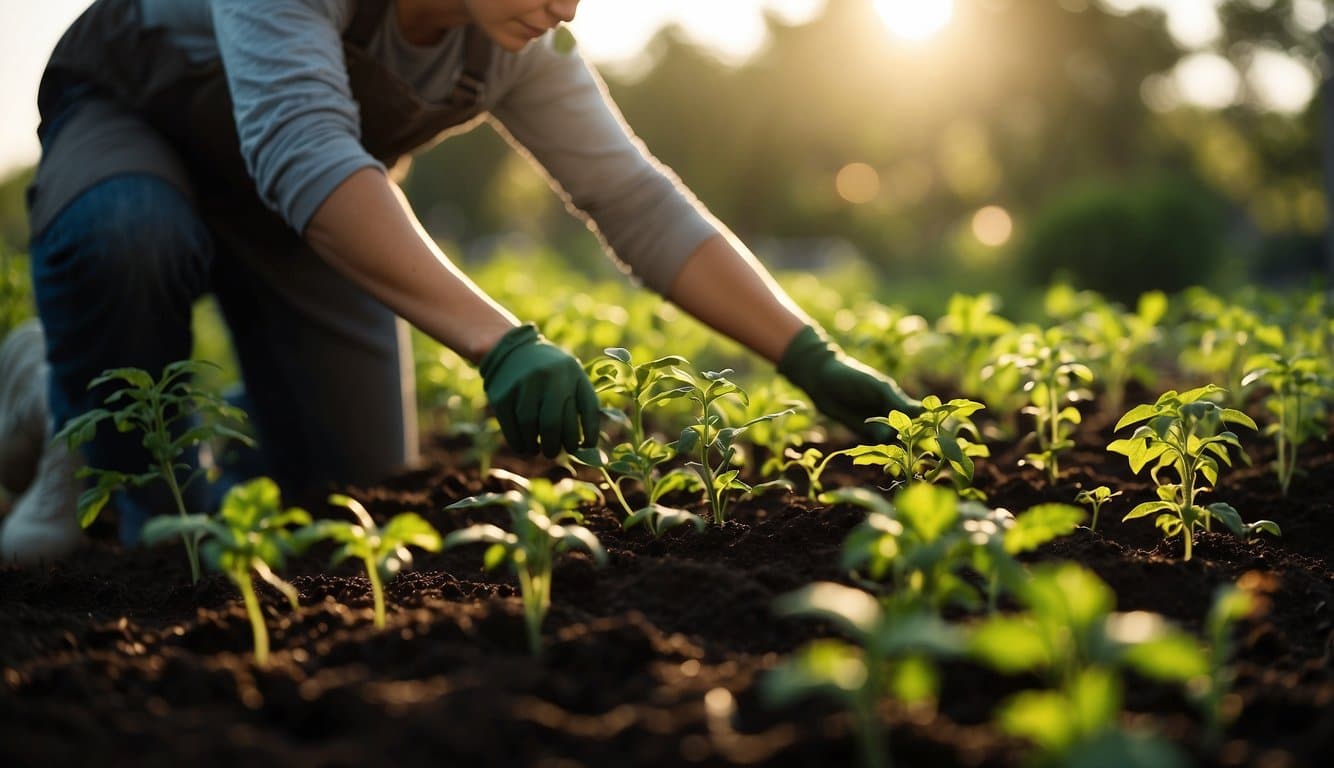 Sunlight filters through the lush green foliage as a gardener carefully plants tomato seedlings in rich, dark soil. The warm Alabama breeze carries the promise of a bountiful harvest