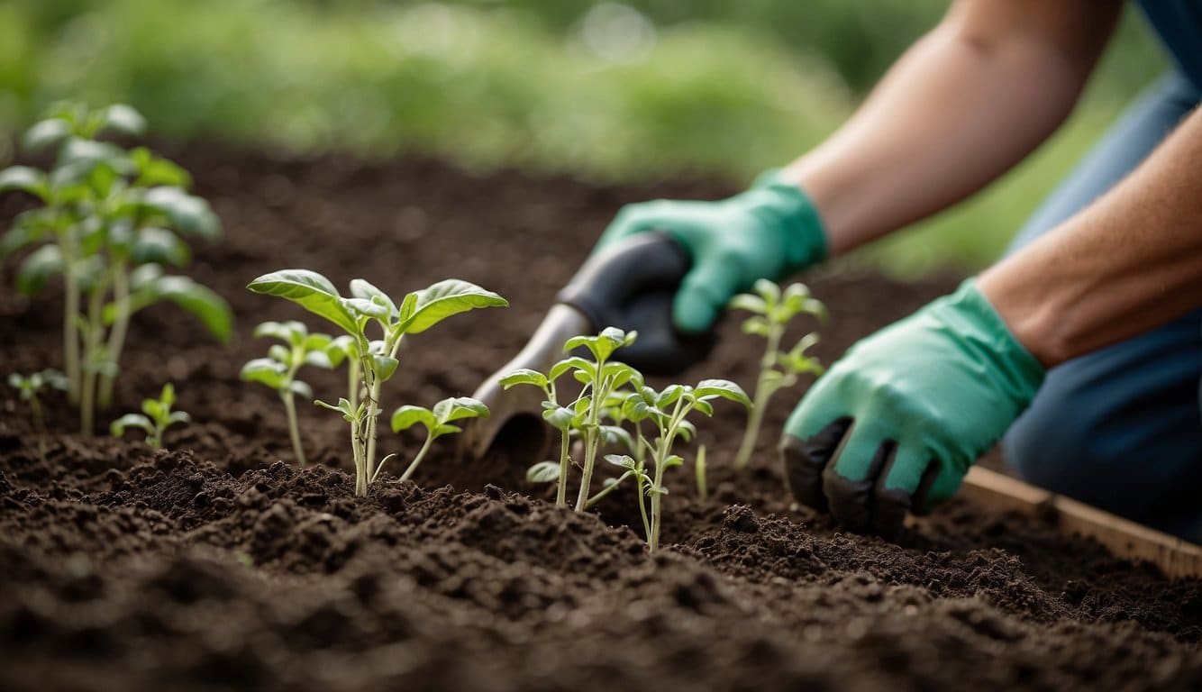 Gardener tilling soil, placing tomato seedlings, watering