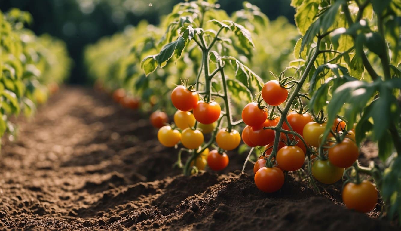 Lush Alabama garden with ripe tomatoes in various sizes, shapes, and colors. Bright sunlight and rich soil. Planting season in full swing