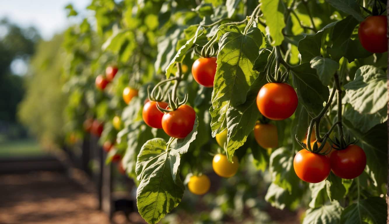 Lush Arkansas garden with various tomato plants thriving in the warm sun. Bright red, yellow, and green tomatoes hang from the vines, showcasing the different varieties that do well in the state