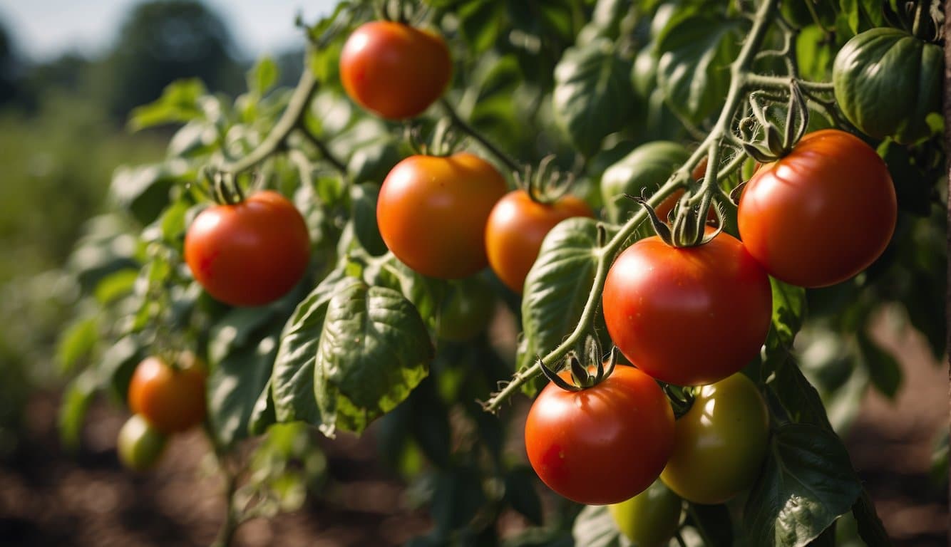 Tomatoes thrive in Arkansas's warm climate. Illustrate a sunny garden with ripe tomatoes, surrounded by lush greenery. Emphasize the ideal planting time