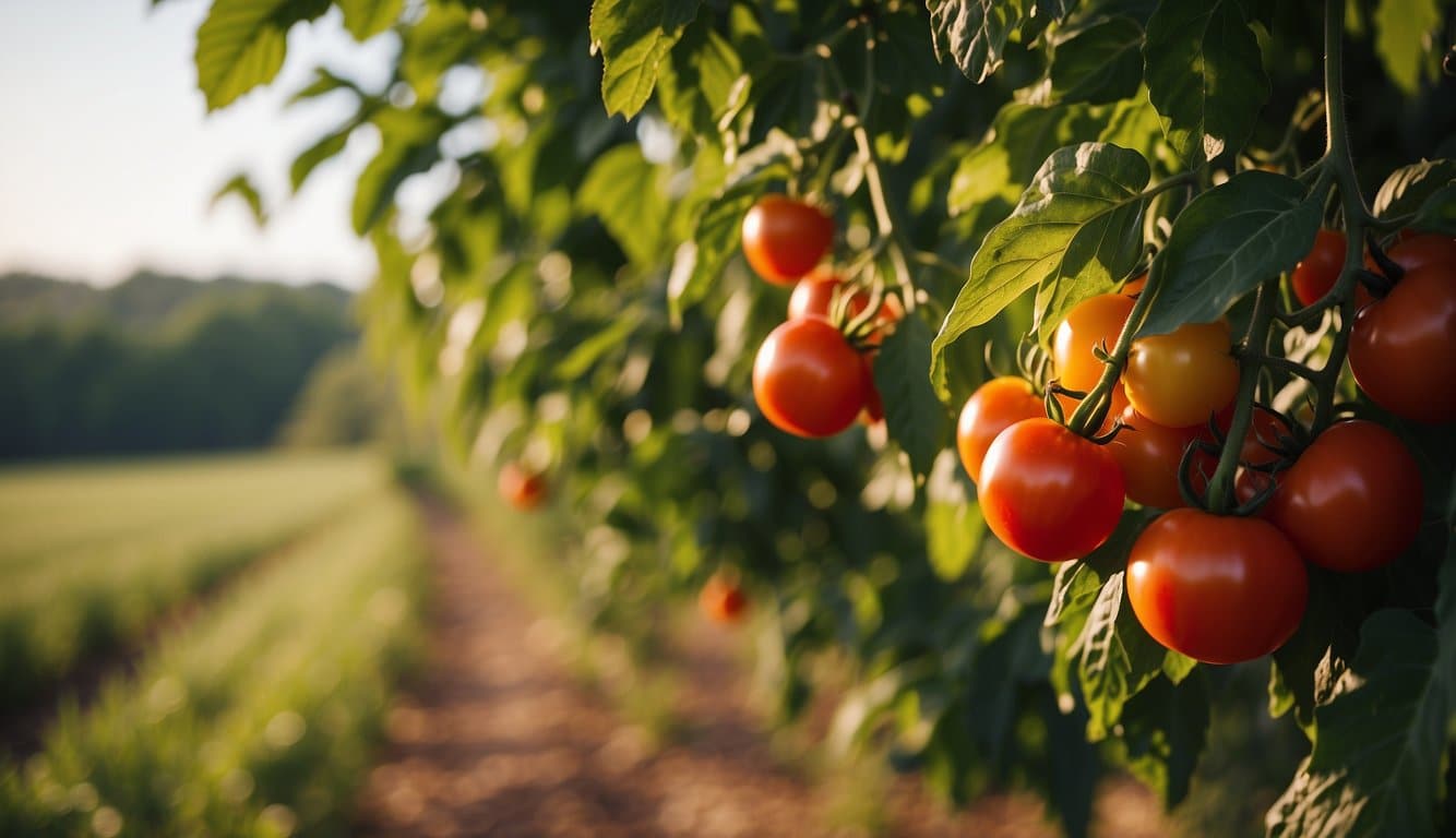 Lush Arkansas landscape, warm sunlight, rich soil, ripe tomatoes