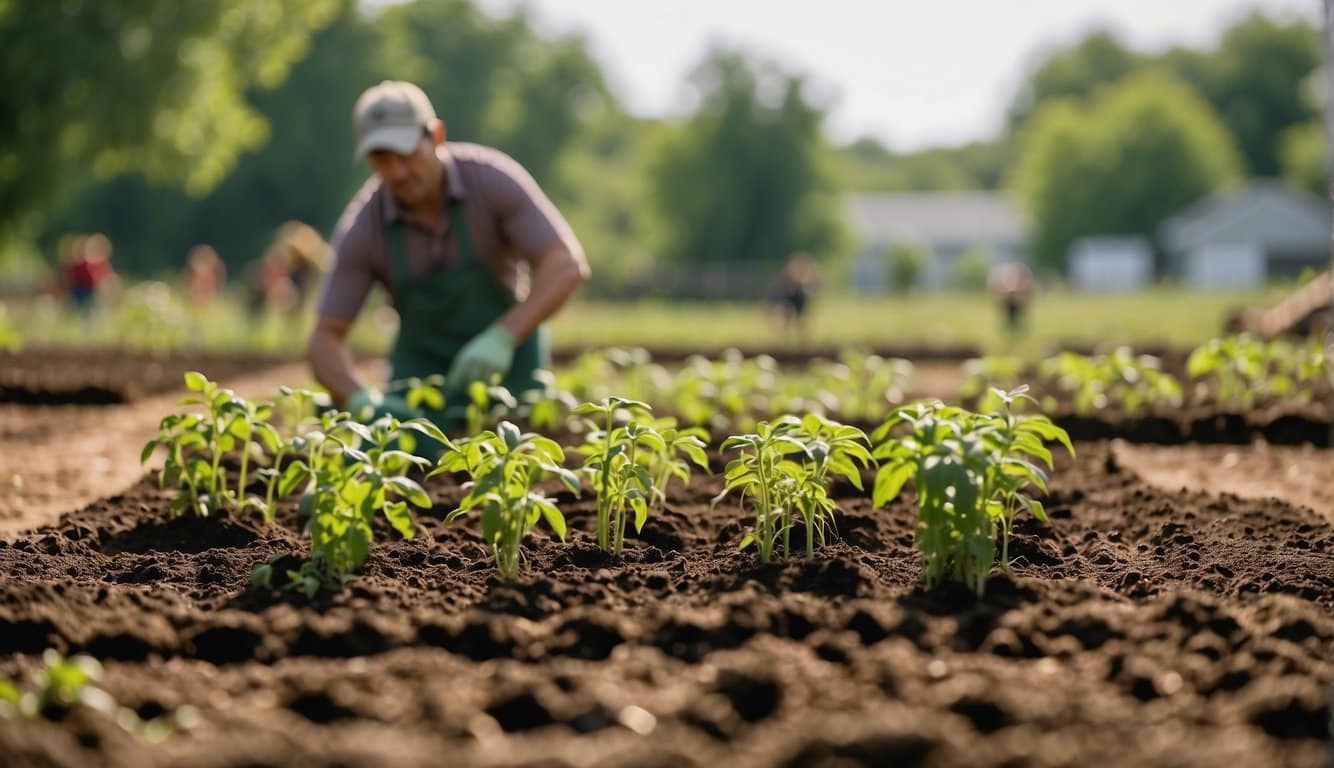 A sunny Arkansas garden in late spring with freshly tilled soil, tomato seedlings, and a gardener planting them in rows