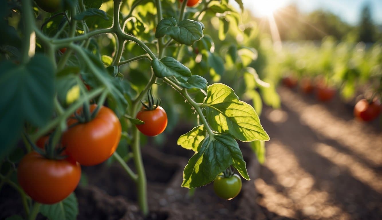 Lush, sun-drenched garden with vibrant tomato plants. Clear blue skies and warm temperatures. Arizona's ideal tomato-growing season