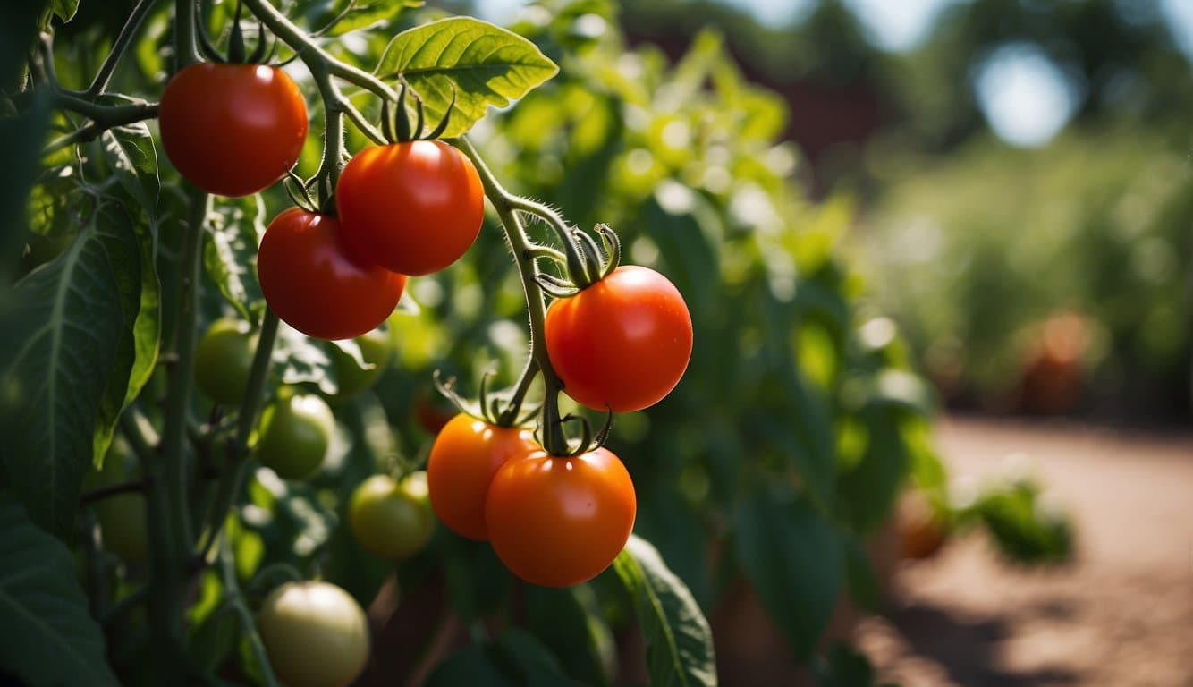 Lush tomato plants thrive in a Colorado garden, showcasing a variety of vibrant, ripe tomatoes in the warm summer sun