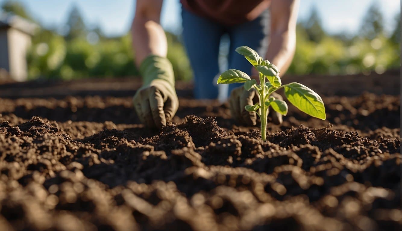 A gardener tills the soil, adding compost and fertilizer. They carefully plant tomato seedlings, then water and mulch the area. The sun shines brightly in the clear blue sky