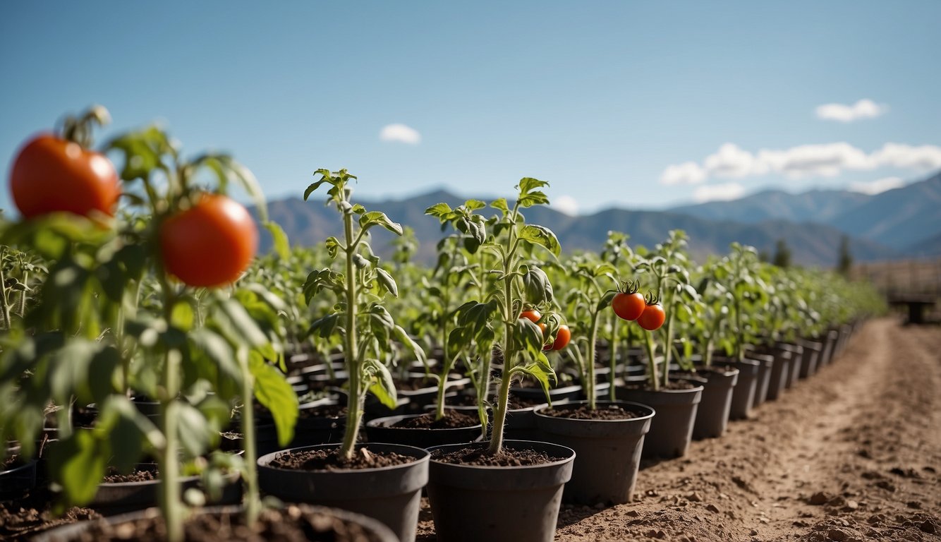 Tomato plants growing in a sunny, open garden with a backdrop of Colorado's mountains and clear blue skies