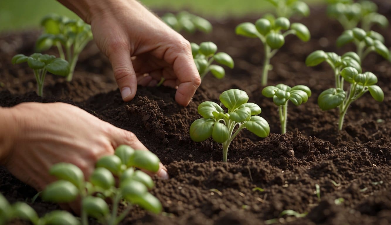 Tomato seedlings being carefully placed into rich soil in a Connecticut garden during the recommended planting season