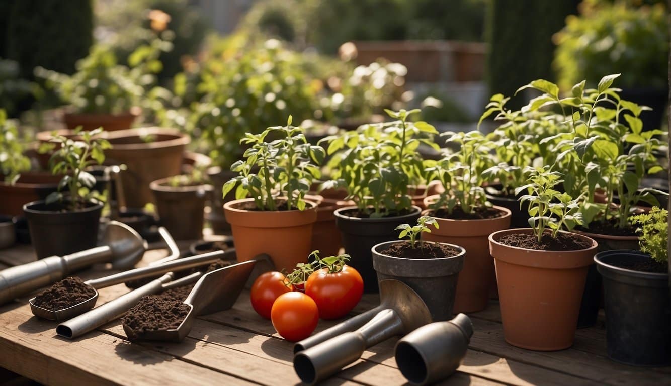 Gardening tools laid out on a sunny patio, pots filled with rich soil, and tomato seedlings ready for planting in a Connecticut backyard
