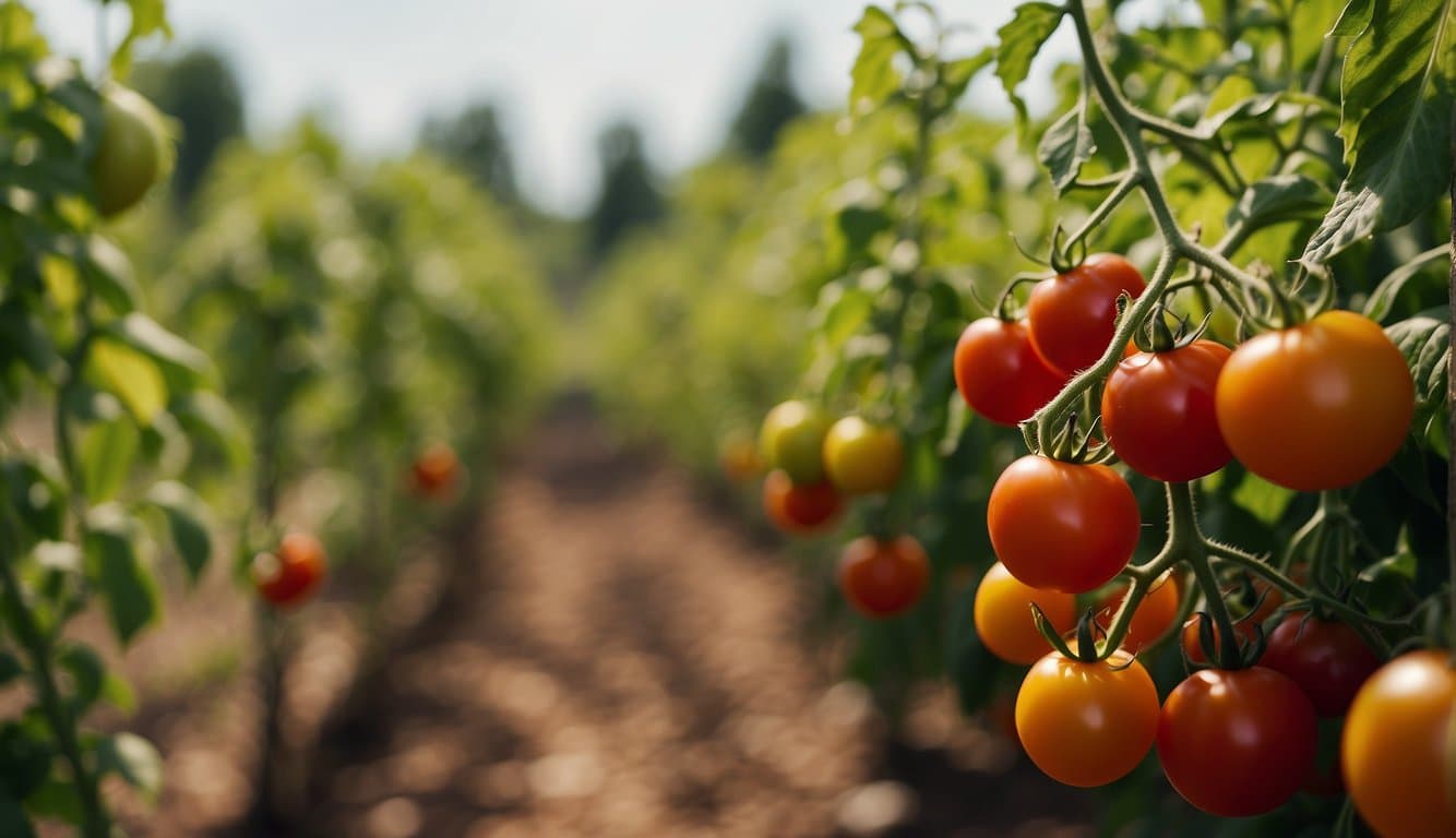 Lush tomato vines sprawl across a sun-drenched garden bed, showcasing a variety of ripe, juicy tomatoes in shades of red, yellow, and green