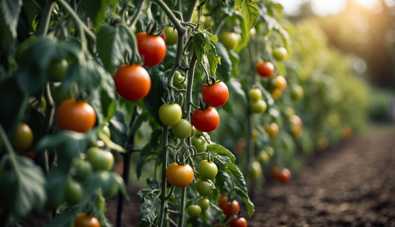 A garden with rows of tomato plants in various stages of growth, surrounded by lush green foliage and colorful ripe tomatoes