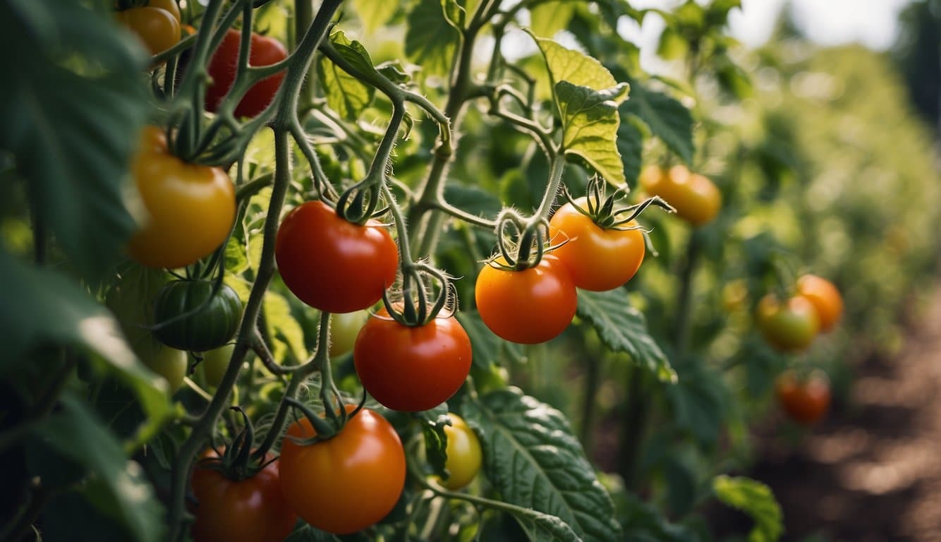 Tomato plants thriving in a Delaware garden during the optimal planting season, with a variety of tomato plants in full bloom and bearing ripe fruit