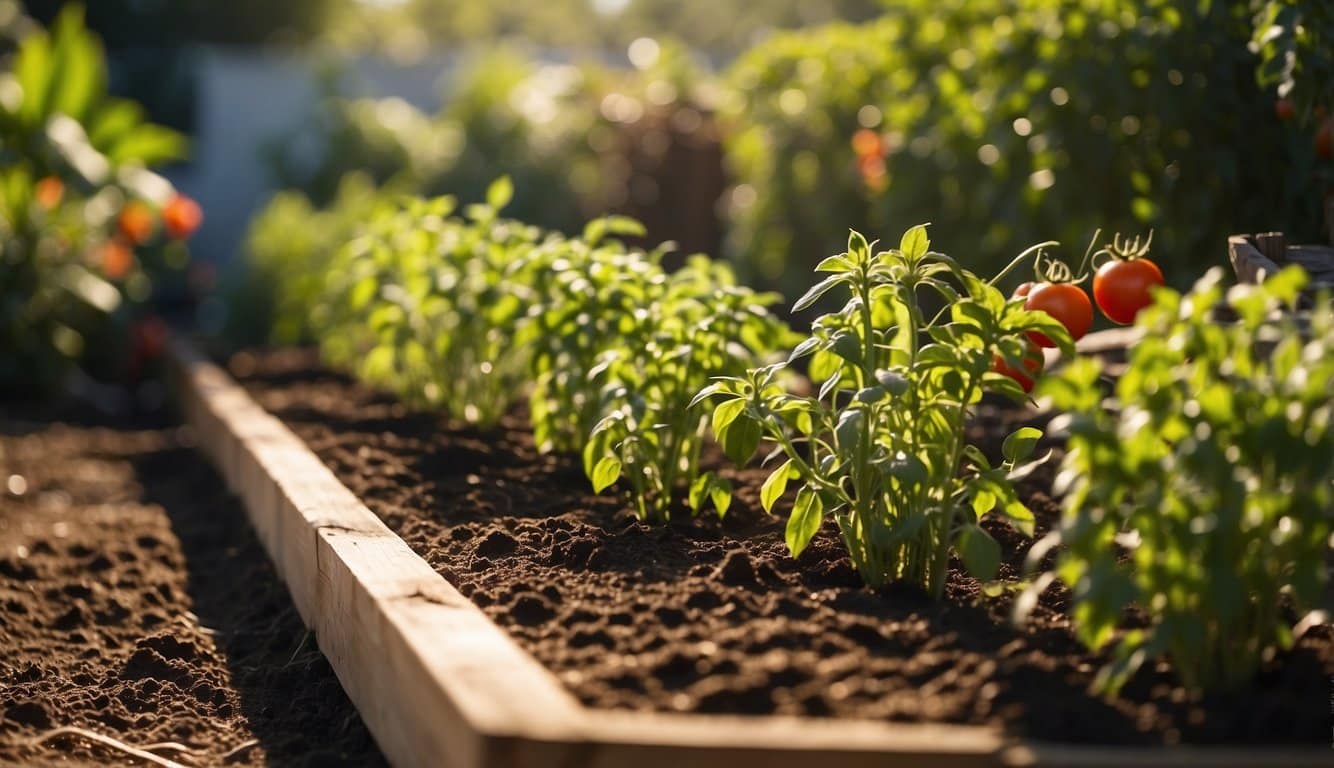 A sunny Florida backyard with rich soil, a row of tomato plants in various stages of growth, surrounded by mulch and well-tended garden beds