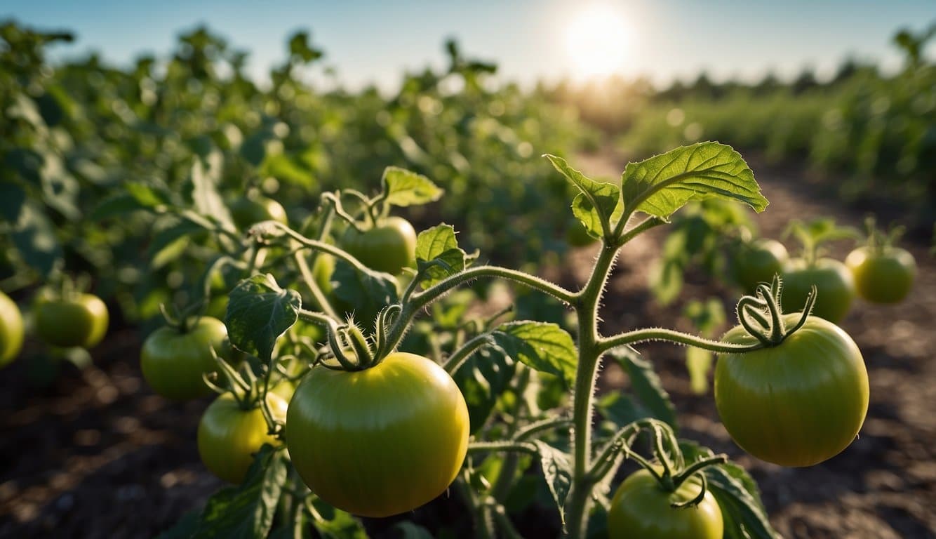 A sunny Florida landscape with lush green tomato plants thriving in the warm climate. The bright blue sky and gentle breeze indicate the ideal conditions for tomato growth in Florida