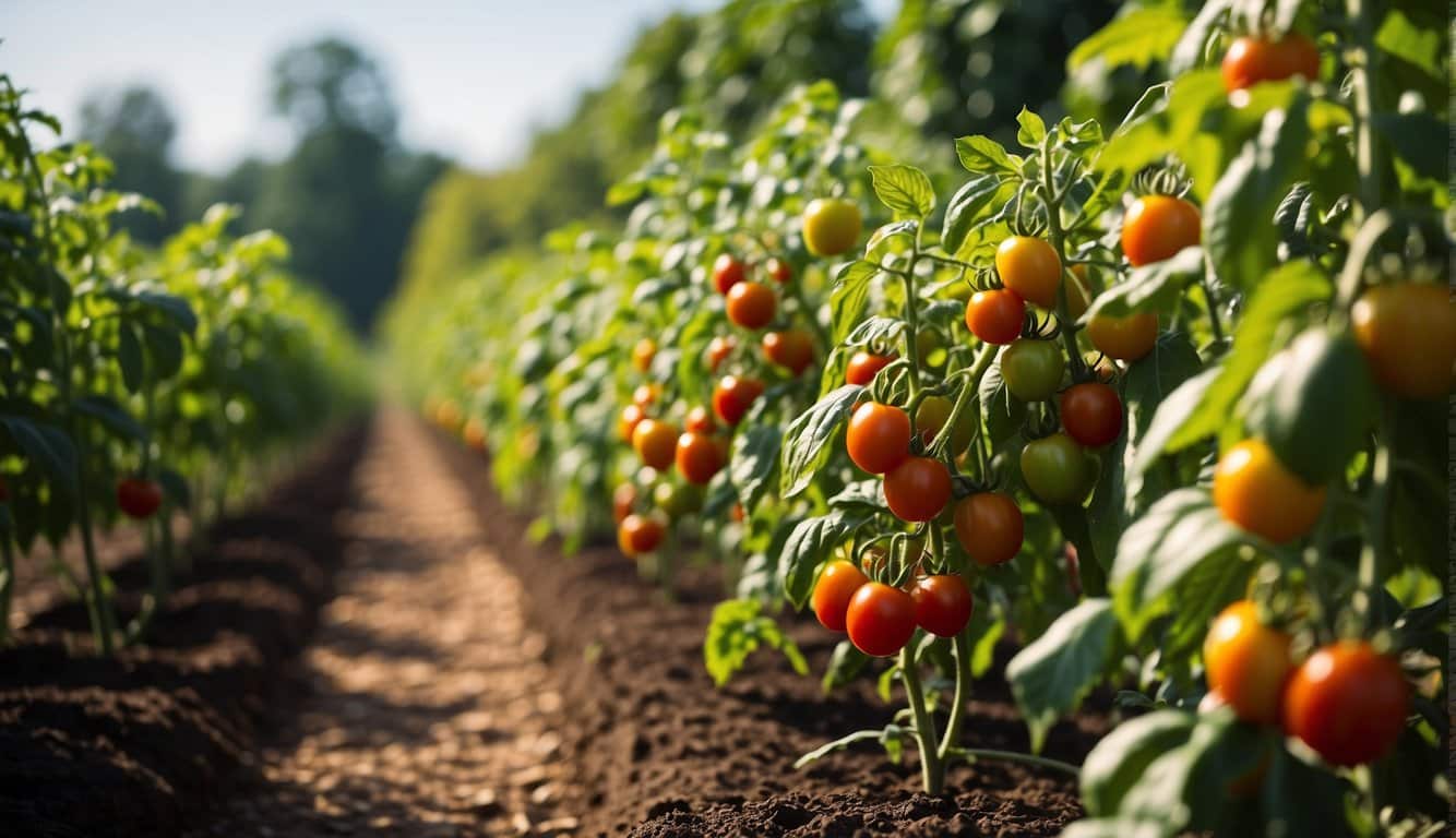 Lush tomato plants thrive in Georgia's warm climate. Bright sun shines on rows of juicy, ripe tomatoes in a flourishing garden