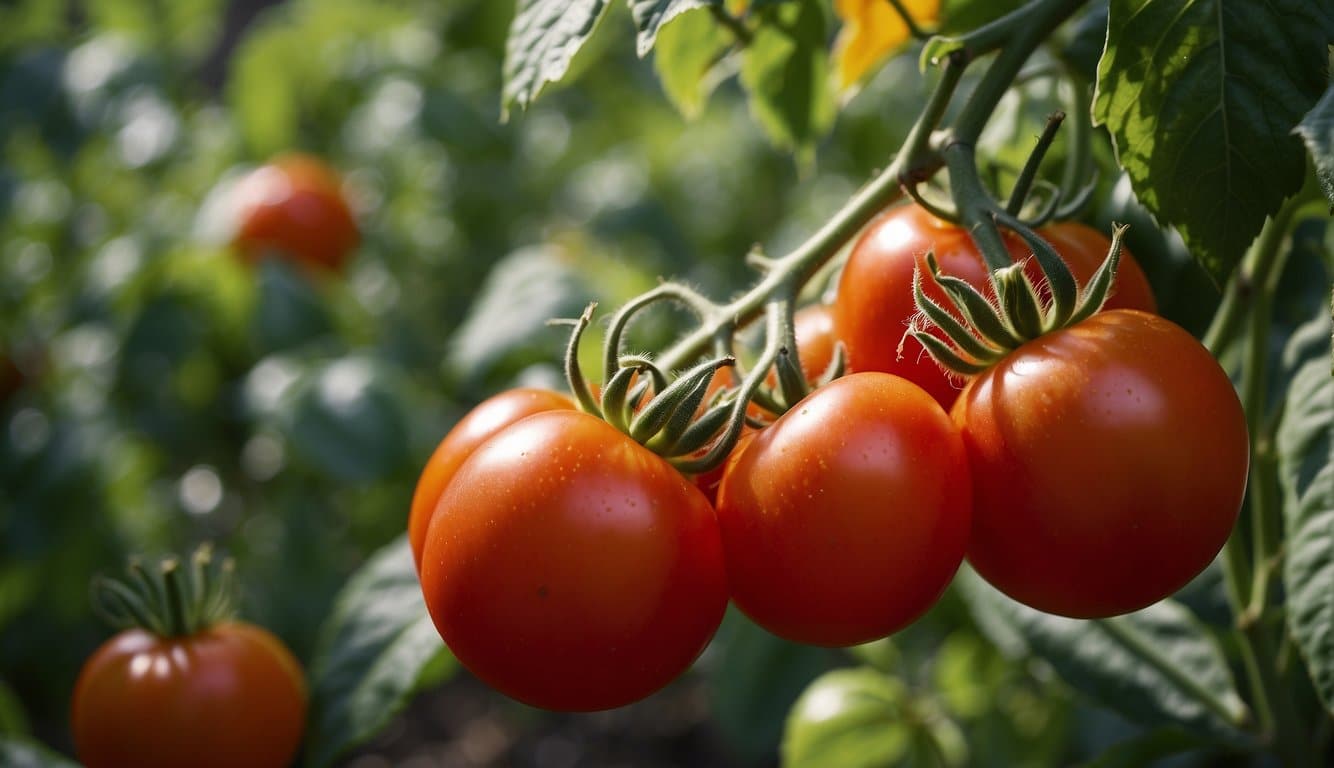 A variety of tomatoes, including Roma, Beefsteak, and Cherry, grow in a lush Georgia garden during the summer months