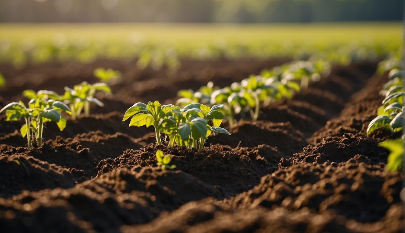 Rich soil being tilled and fertilized, with rows of tomato plants thriving in the warm Georgia sun