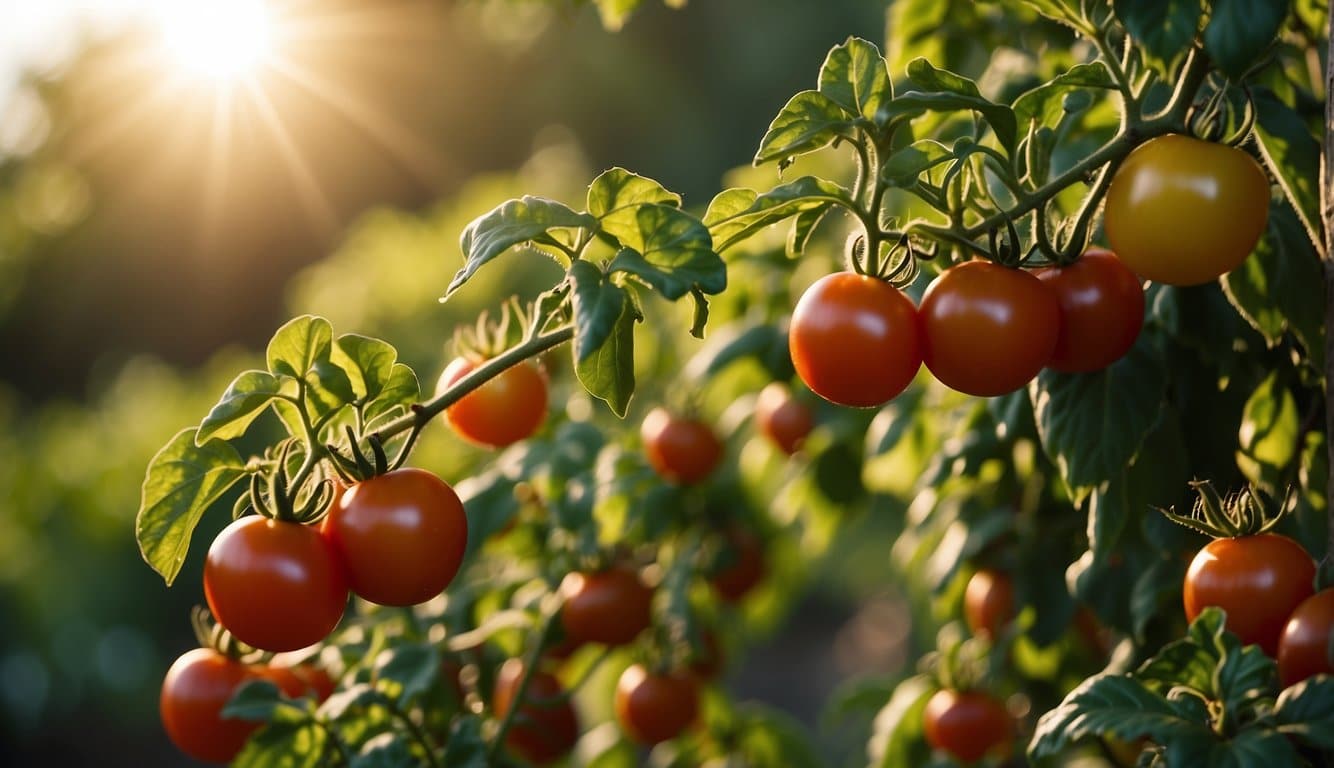 Tomato plants thrive in Florida's warm climate. Bright sun shines down on lush green foliage, while ripe tomatoes dangle from the vines