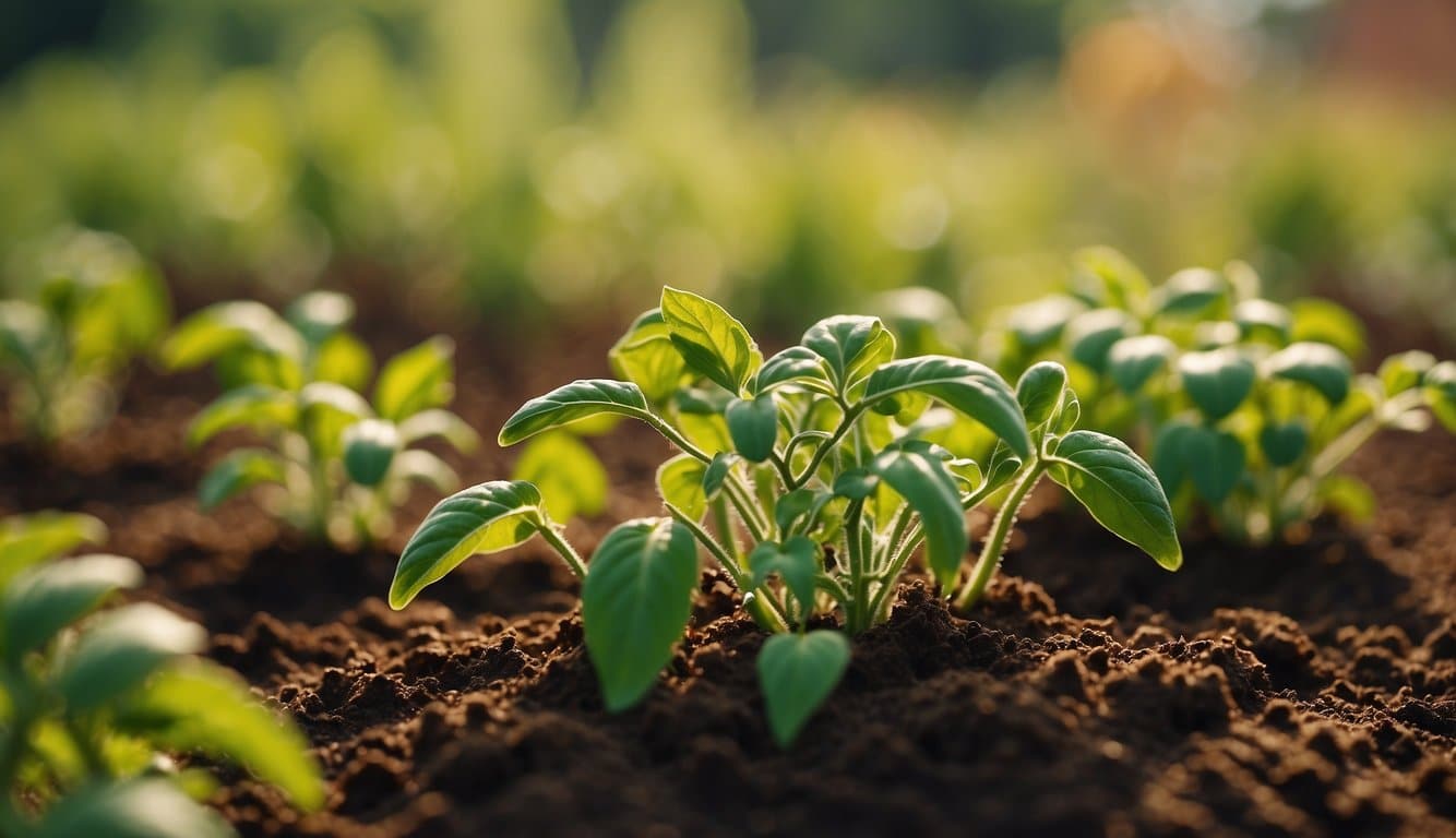 Lush green landscape with a warm, sunny sky. Tomato plants thriving in rich, fertile soil, surrounded by vibrant flowers and lush foliage